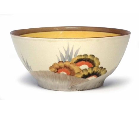 Clarice Cliff bowl, decorated with Rhodanthe design, impressed and printed marks to base, 22cm diameter    Condition report: 