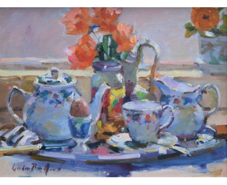 Gordon Radford (1936-2015),   "The Breakfast Tray", signed, titled on verso, oil on canvas, 29 x 39.5cm.; 11.5 x 15.5in.    A