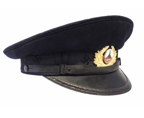 German WW2 Third Reich Veteran's peaked cap, maker's mark J. Herring, traces of owner's name, with black silk headband and le