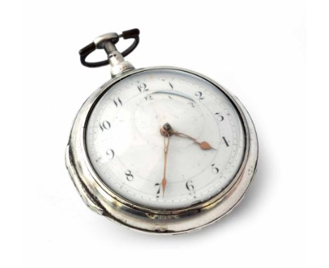 Georgian silver pair case pocket watch by Richard Burns, Manchester. Round white dial, black Arabic numerals, brass plate fus