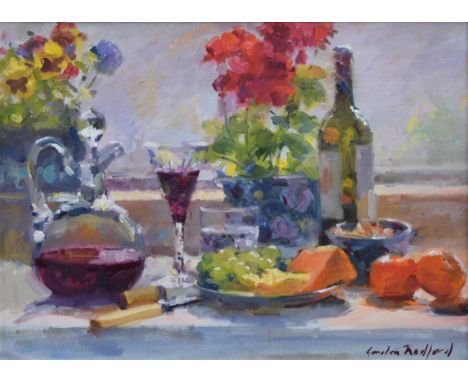 Gordon Radford (1936-2015),   "Lunchtime Drinks", signed, titled on verso, oil on canvas, 28.5 x 39cm.; 11.25 x 15.5in.    Ar