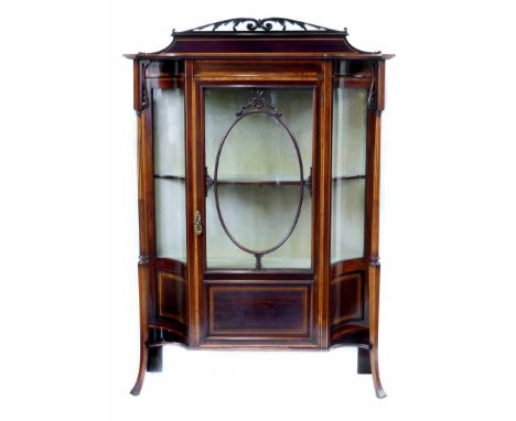 Edwardian mahogany display cabinet, central glazed door with oval moulding, covering green silk lined two shelf interior, inv