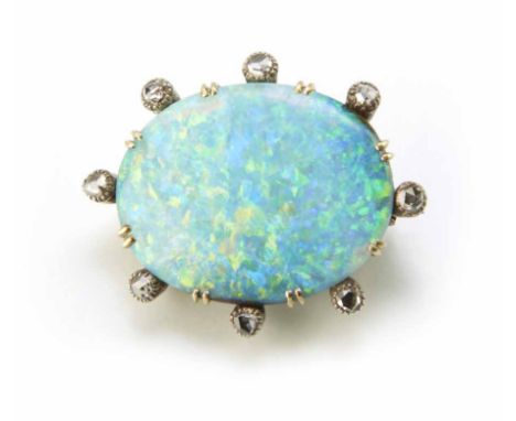 A circa 1900 oval opal and diamond set brooch, the opal flat polished blue-green colour, measuring approx. 28mm x 23mm, natur