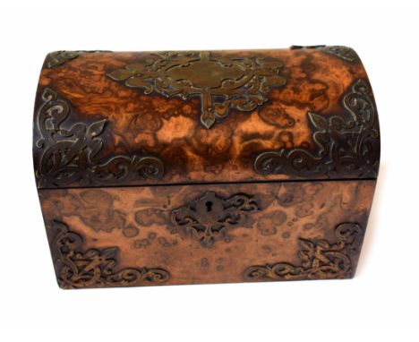 Victorian burr walnut tea caddy by Trussell Brighton. Decorated with brass fretwork with domed lid, the interior lined with b