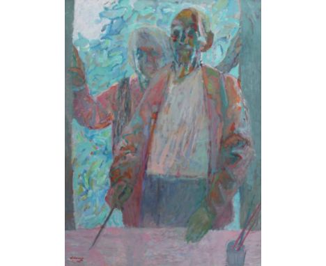 Hans Schwarz (Austrian/British, 1922-2003),  Self Portrait with Lena, signed and dated '02, oil on board, 121.5 x 90.5cm.; 47
