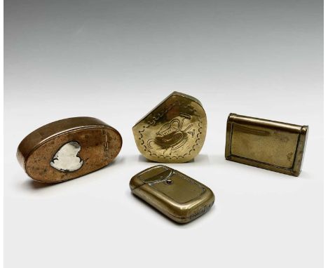 A Georgian brass snuff box, engraved 'May Farming Flurish', width 6.5cm, a Georgian oval brass snuff box inlaid a white metal