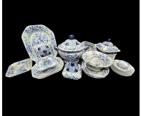A 19th century Dresden 'Opaque China' blue and white transfer printed dinner service, comprising a large twin handled oval tu