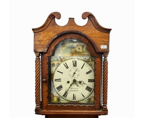 An oak and eight day longcase clock, early 19th century, with mahogany crossbanding, the arched dial painted with a castle an