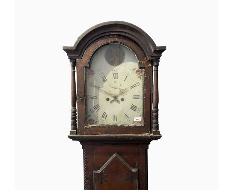 An early Victorian pine cased eight day longcase clock, the arched dial painted with old father time, the stained case with o