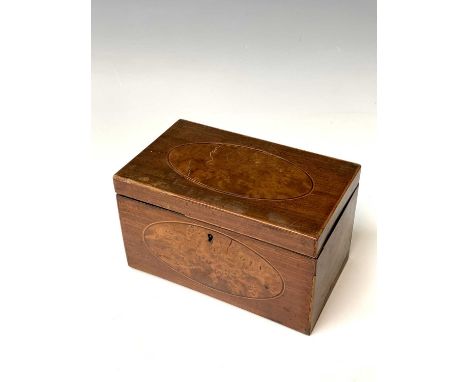 A George III burr walnut and mahogany tea caddy, the interior with two lidded compartments, height 12.5cm, width 20.5cm, dept