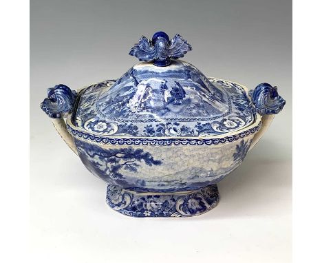 A "Stafford Gallery" series blue and white pottery tureen and cover, height 28cm, width 37cm, depth 24cm, circa 1820-30.Prove