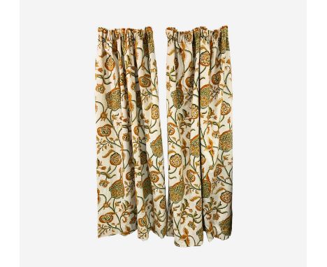 Two pairs of lined crewelwork curtains worked in yellows, oranges and greens by the Vintage Curtain Co and remnant pieces (su