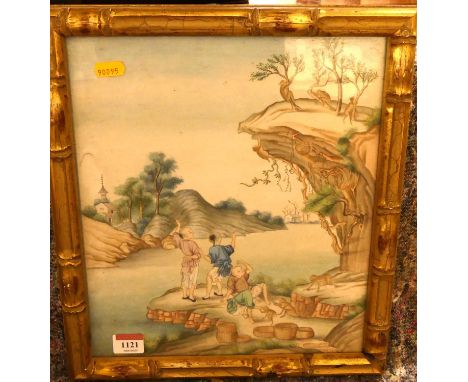20th century Japanese school - Coastal scene with monkeys, watercolour, 32 x 28cm, housed in a gilt composition bamboo frameO