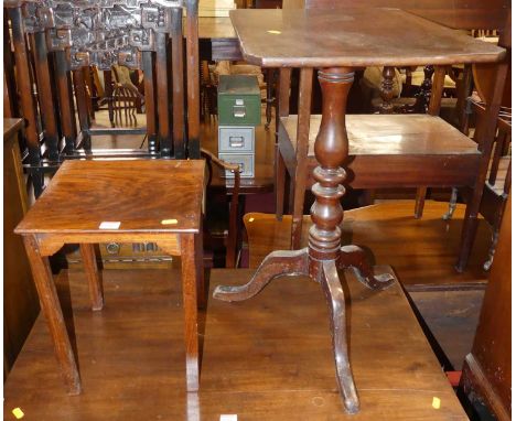 A Victorian mahogany round cornered tilt-top pedestal tripod occasional table, width 51cm, together with a square low occasio