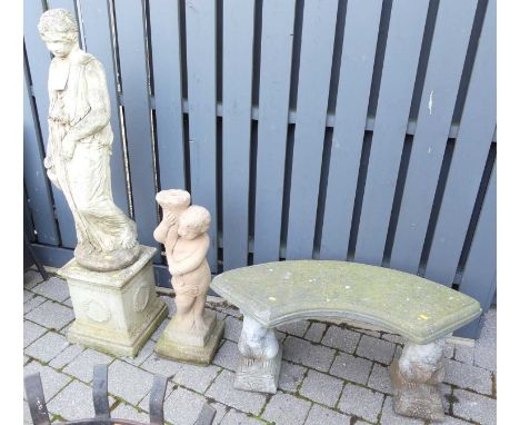 A reconstituted garden figural statue of a classical goddess, raised on square stepped base, overall height 137cm, together w
