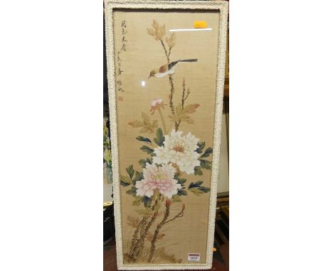 Japanese framed silk work of flowering bamboo, signed and with studio seal, 60x21cmGood condition overall with some light mar