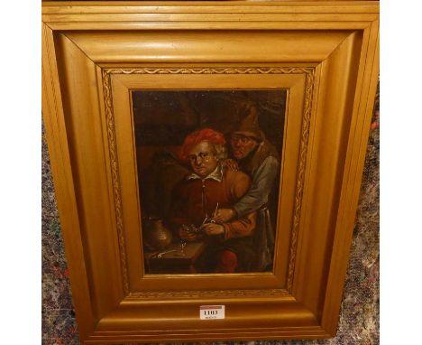 After David Teniers - Tavern interior with pipe-smokers, oil on panel, 22 x 16cmScratch to top right hand side of painting.So