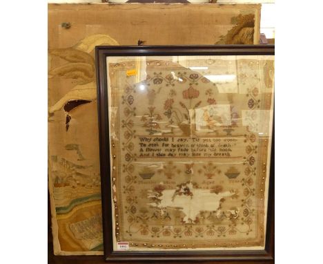An early 19th century needlework verse and picture sampler by Martha Irlam, aged 11 years, dated 1814, 48x40cm (with major lo