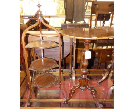 A Victorian rosewood and floral penwork decorated circular fixed top pedestal tripod occasional table, dia. 47cm, together wi