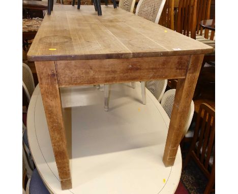 A vintage pale oak topped and beech long farmhouse kitchen table, raised on plain square supports, length 183cmWidth 75cm, he