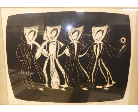 French school, four dancers, monochrome lithograph, No. 16/50, indistinctly signed in pencil to the margin, 39x51cm