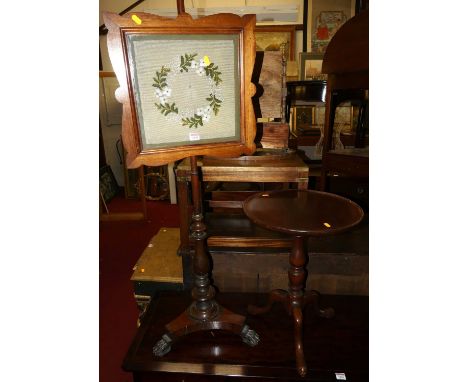 A Victorian rosewood and mahogany polescreen, together with a mahogany circular fix-top pedestal tripod occasional table (2)
