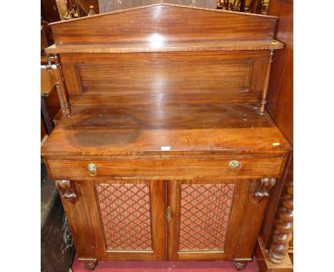 A William IV mahogany ledgeback chiffonier, having single frieze drawer over pierced brass trellis inset lower doors, width 9