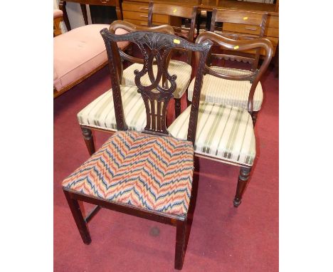 A collection of eleven various 19th century mahogany barback dining chairs, each having striped upholstered seats; together w