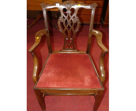 An early 20th century mahogany Chippendale style single elbow chair, with dralon upholstered drop-in seat, width 65cm