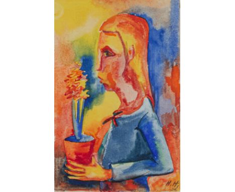 Monogrammist H. H.15 x 10 cm, R.Mädchen mit Blumentopf, 1932. Aquarell auf Bütten. In Aquarell unten rechts monogrammiert und