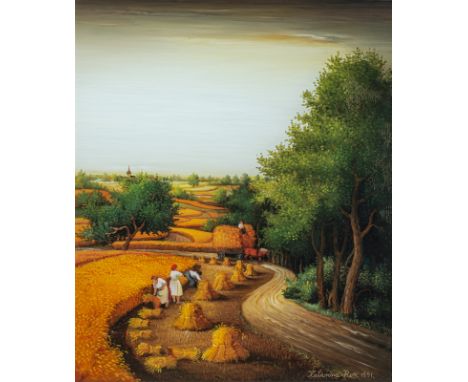 Henc, KatarinaSigetic/Kroatien, geboren 194834 x 29 cm, R.Getreideernte mit Pferdfuhrwerk, 1991. Acryl auf Glas. Hinterglasma