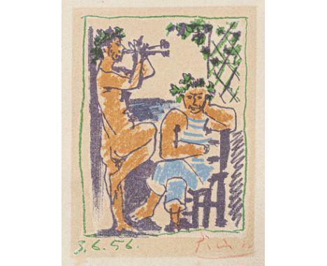 Picasso, PabloMalaga, 1881 - Mougins, 1973Blattgröße: 16,5 x 13 cm; 12 x 8,5 cm, R."Faune et marin", 1956. Farblithografie au