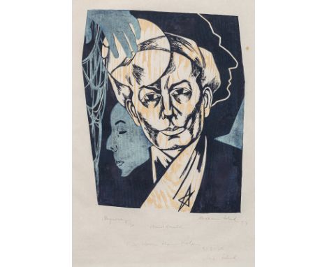 Schad, ChristianMiesbach, 1897 - Stuttgart, 1982Blattgröße: 62 x 47 cm; 40,5 x 33 cm, R."Mynona", 1963. Farbholzschnitt auf J