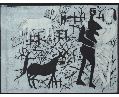 Grieshaber, HAPRot an der Rot, 1909 - Reutlingen, 198150 x 65,5 cm, R."Winterlandschaft", 1965. Holzschnitt in Weiß auf schwa