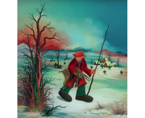 Vecenaj, IvanGola kod Koprivnica/Kroatien, 1920 - 201337 x 35 cm, R.Mann mit Hasenbeute, 1974. Acryl auf Glas. Hinterglasmale