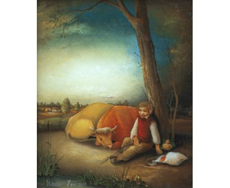 Henc, KatarinaSigetic/Kroatien, geboren 194820 x 16 cm, R.Bauer bei der Rast, 1979. Acryl auf Glas. Hinterglasmalerei. In Acr