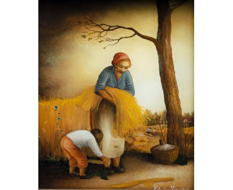 Henc, KatarinaSigetic/Kroatien, geboren 194820 x 16 cm, R.Mutter mit Kind bei der Getreideernte, 1979. Acryl auf Glas, Hinter