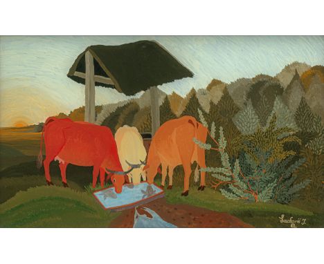 Lackovic, IvanBatinska-Podravina, 1932 - 200424 x 39 cm, R."Kühe an der Tränke", 1962. Acryl auf Glas. Hinterglasmalerei. In 