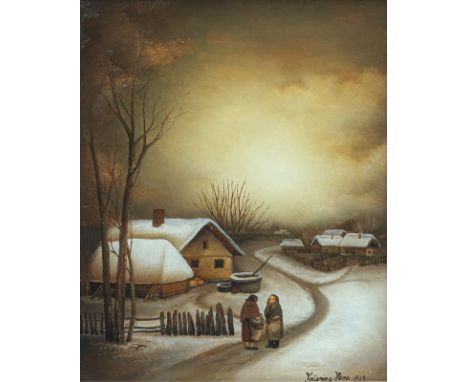 Henc, KatarinaSigetic/Kroatien, geboren 194820 x 16 cm, R.Häuser in Winterlandschaft, 1979. Acryl auf Glas. Hinterglasmalerei