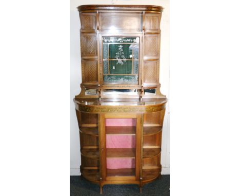 Late Victorian satinwood display cabinet with painted decoration of flowers and foliage, the etched glass panel depicting swa