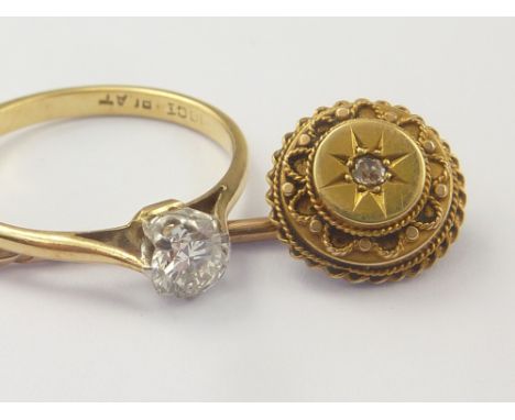 Diamond solitaire ring with brilliant approx .4ct, '18ct plat' (Size M 1/2) also a gold scarf pin with tiny diamond (2). Cond