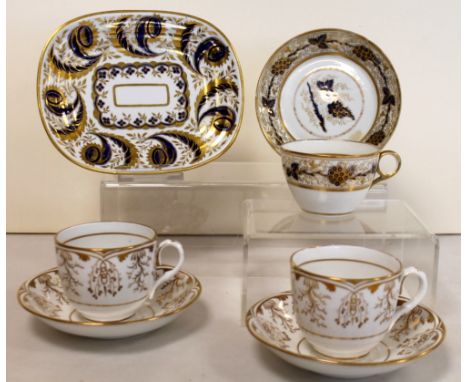 Small collection of early 19th century English porcelain teawares comprising blue and gilt teapot stand or spoon tray, fracti