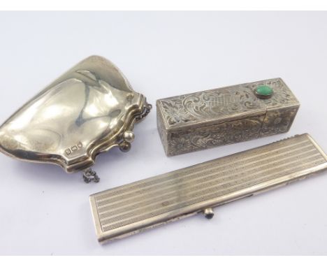 Silver lipstick and vanity case, a small purse 1917 and a patent pocket comb, Import Marks 1925. (4).