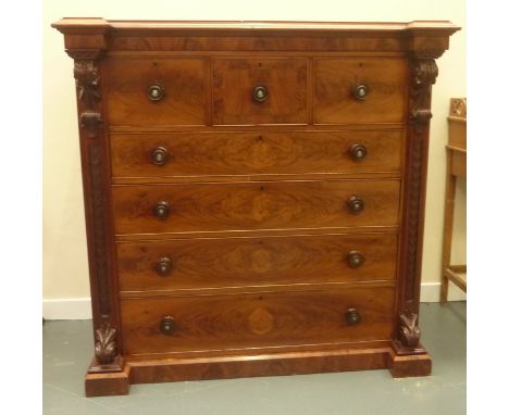 Victorian mahogany scotch chest of drawers, Three deep drawers fitted turned handles over four long drawers below flanked by 