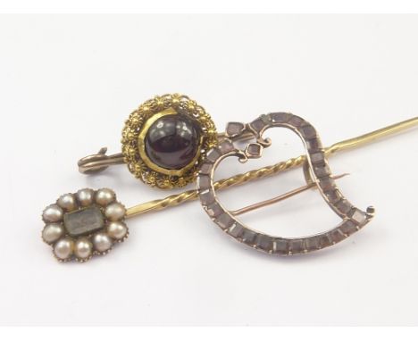 Georgian garnet openwork brooch of luckenbooth style c1770, another and a scarf pin.