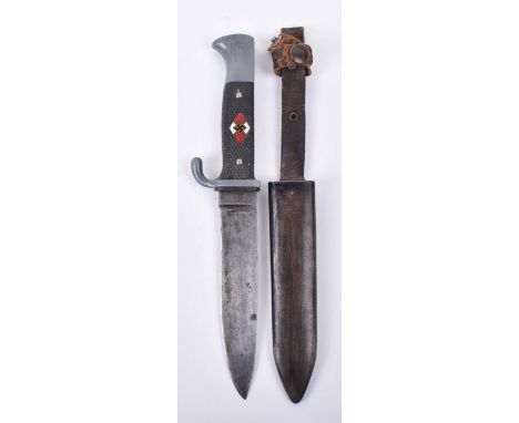 Third Reich Hitler Youth Boys Dagger, with two piece black chequered grips, enamel HJ diamond insignia inserted to grip. Hous