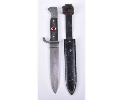 Third Reich Hitler Youth Boys Dagger, with two piece black chequered grips, enamel HJ diamond insignia inserted to grip. Hous