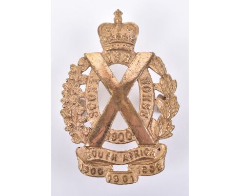 Scottish Horse Officers Cap Badge, fine gilt example with folded blade fittings. Stamped J R Gaunt London to the reverse. 