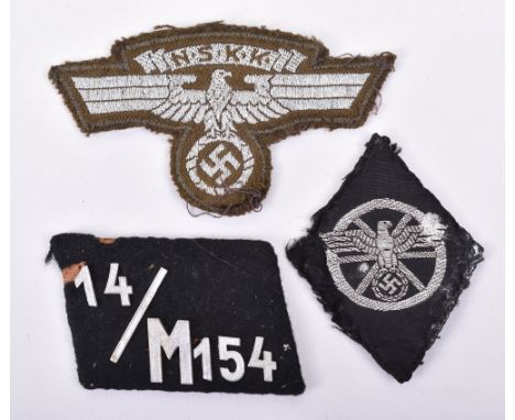 Third Reich NSKK Insignia Grouping, consisting of tunic arm eagle, sleeve diamond and single collar patch. All with either fu
