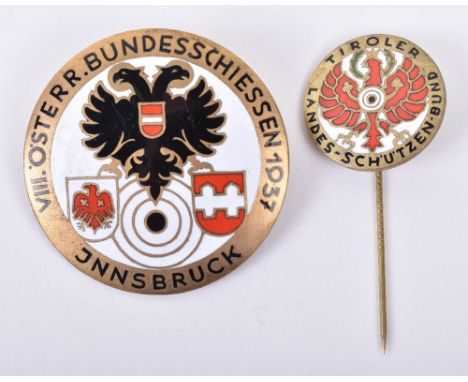 Tirol and Austrian Shooting Association Badges, being brass and enamel, one pin back the other in stick pin form. Both in goo